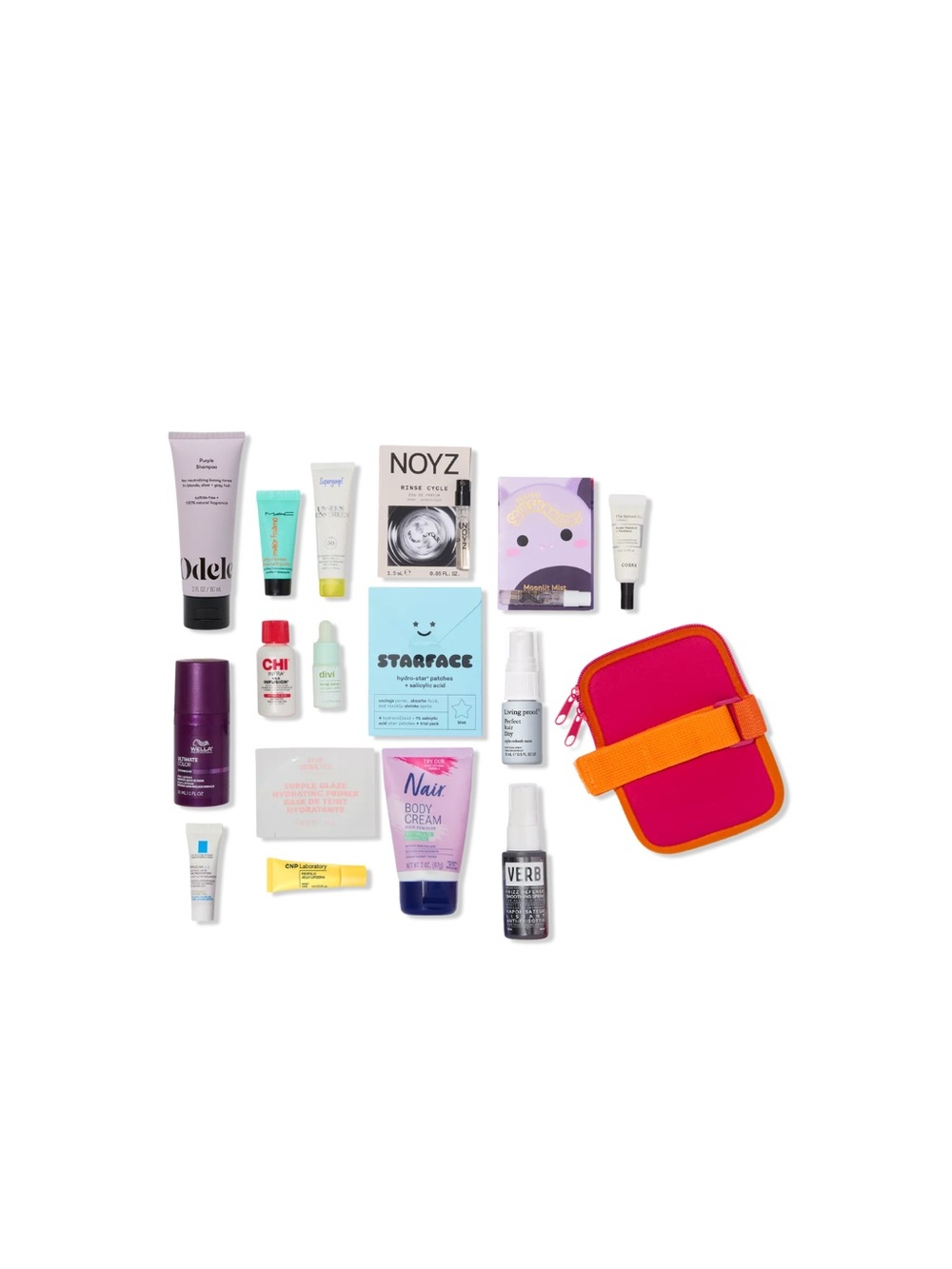NWT 16 PieceAssorted Beauty Sample Kit with Pink + Orange Pouch With Handle Lux